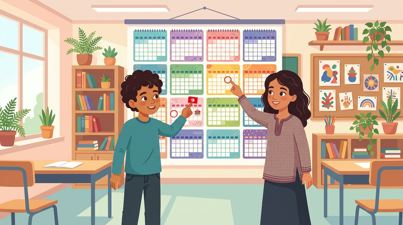 En classe, Leo et Nora montrent leur anniversaire sur le grand calendrier de l'année ; un jour de mars porte un petit drapeau tunisien